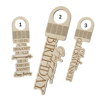 Holz‑Flaschenanhänger für Weinflaschen, handgefertigt aus Birkenholz, in drei Varianten mit Geburtstags‑Sprüchen.